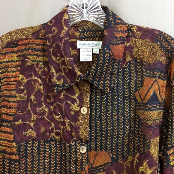 Coldwater Creek Blouse Button Down Sheer Brown Prints Beads on Front Size PM - Picture 2 of 4
